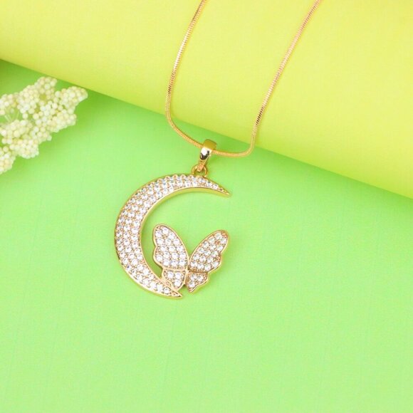 "Moon and Butterfly Rose Gold Pendant with Crystals, XPPT1219 - Picture 4 of 13